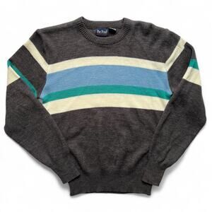 Vintage Par Four Gray Blue Teal White Striped Pattern Knit Sweater M Preppy 80s